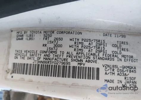 2000 Toyota 4 Runner from USA, damaged, VIN 0JTHN86R5Y0279695